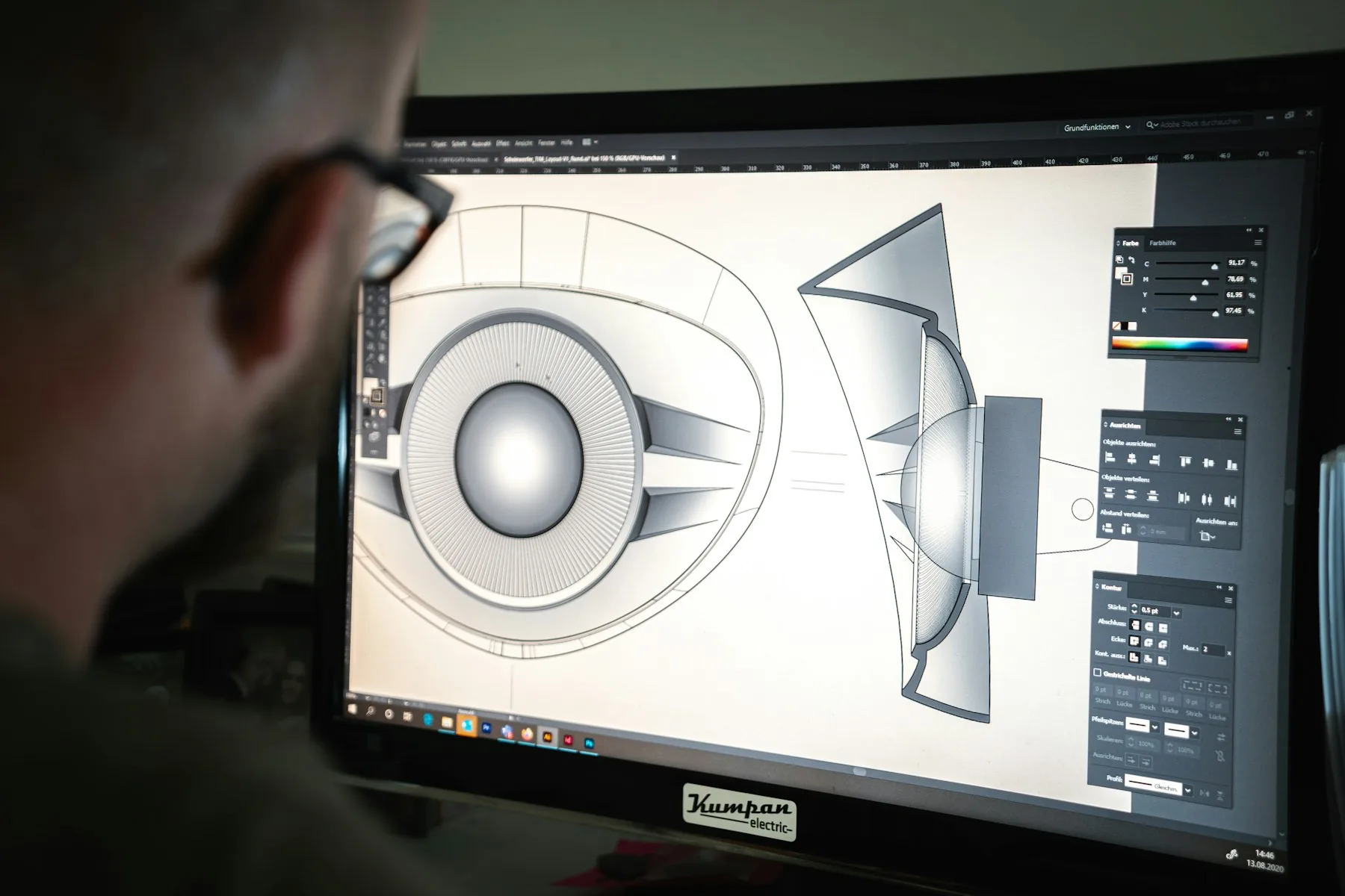 Designer developing a technical product concept on a computer